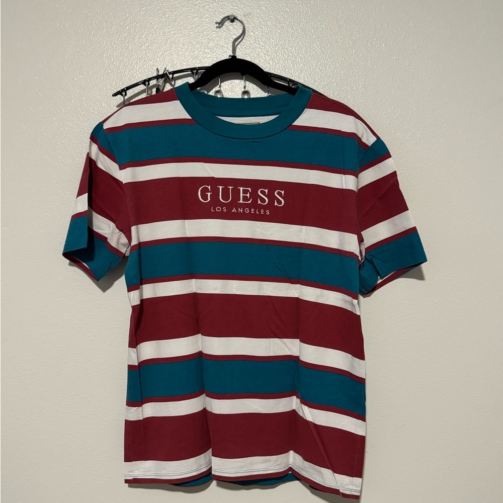 Guess Men's Striped Red and Blue T-Shirt